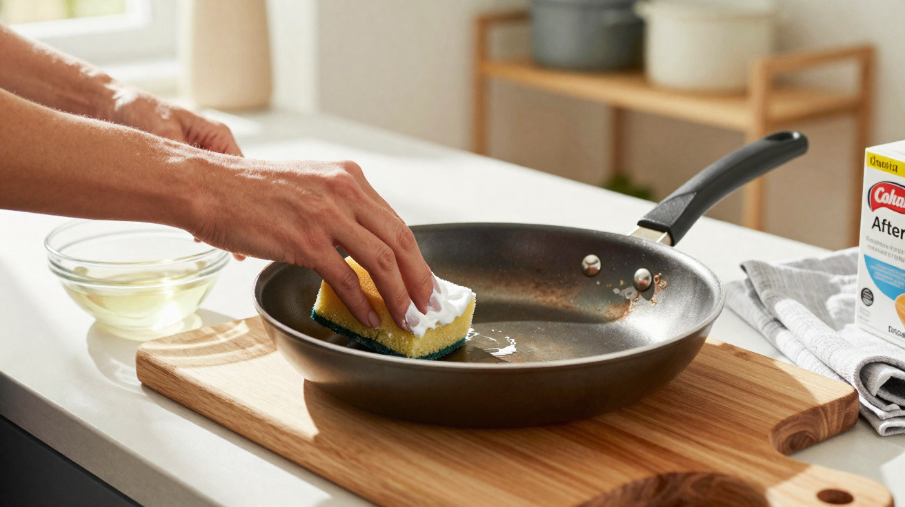 Mãos limpando uma frigideira preta com esponja amarela e branca sobre tábua de madeira.
