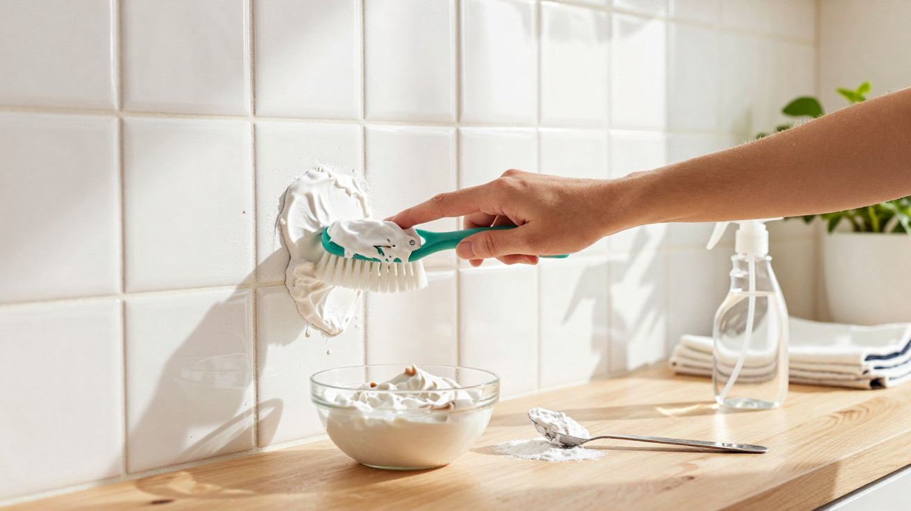 Pessoa limpando azulejos brancos com escova e creme de limpeza em ambiente claro e organizado.