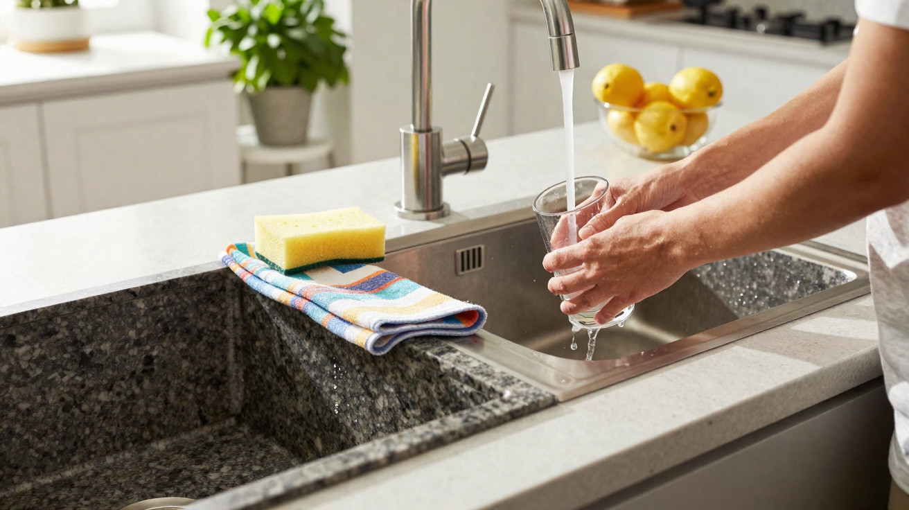 Pessoas lavando um copo transparente na pia da cozinha com esponja e pano ao lado.