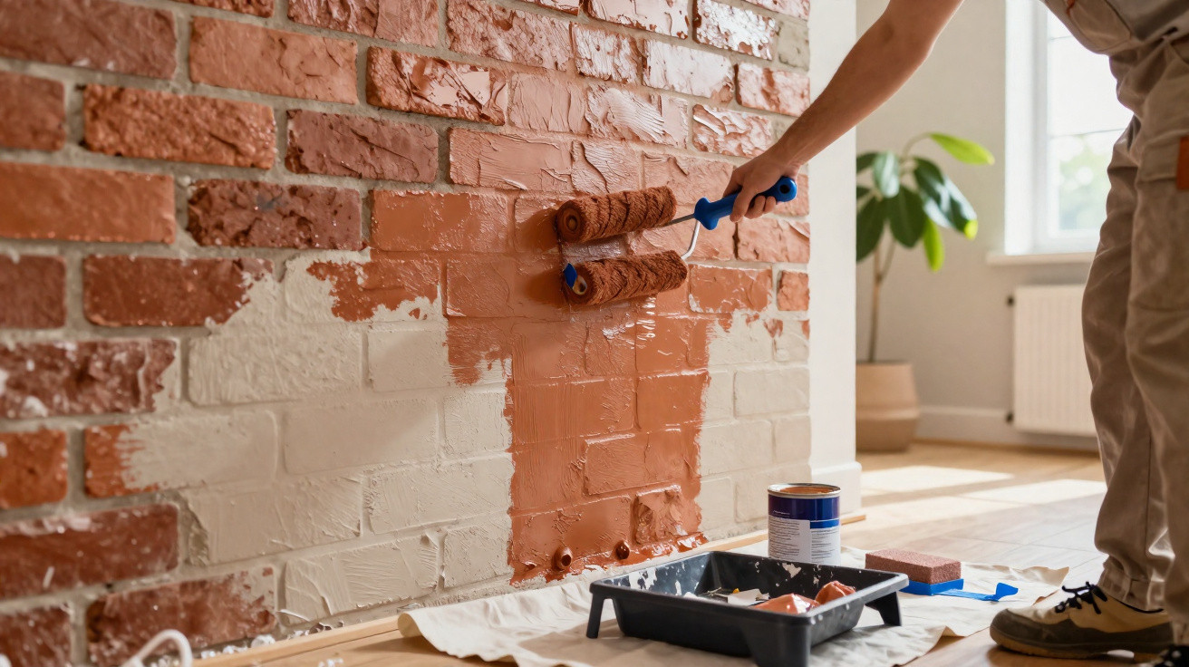 Pessoa pintando parede de tijolos com tinta marrom usando rolos em ambiente interno.