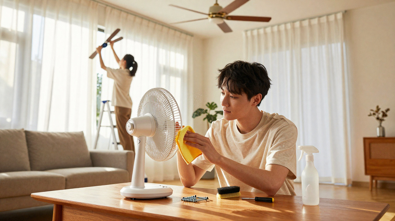 Homem limpando ventilador na mesa enquanto mulher ajusta cortina em sala clara e arejada.
