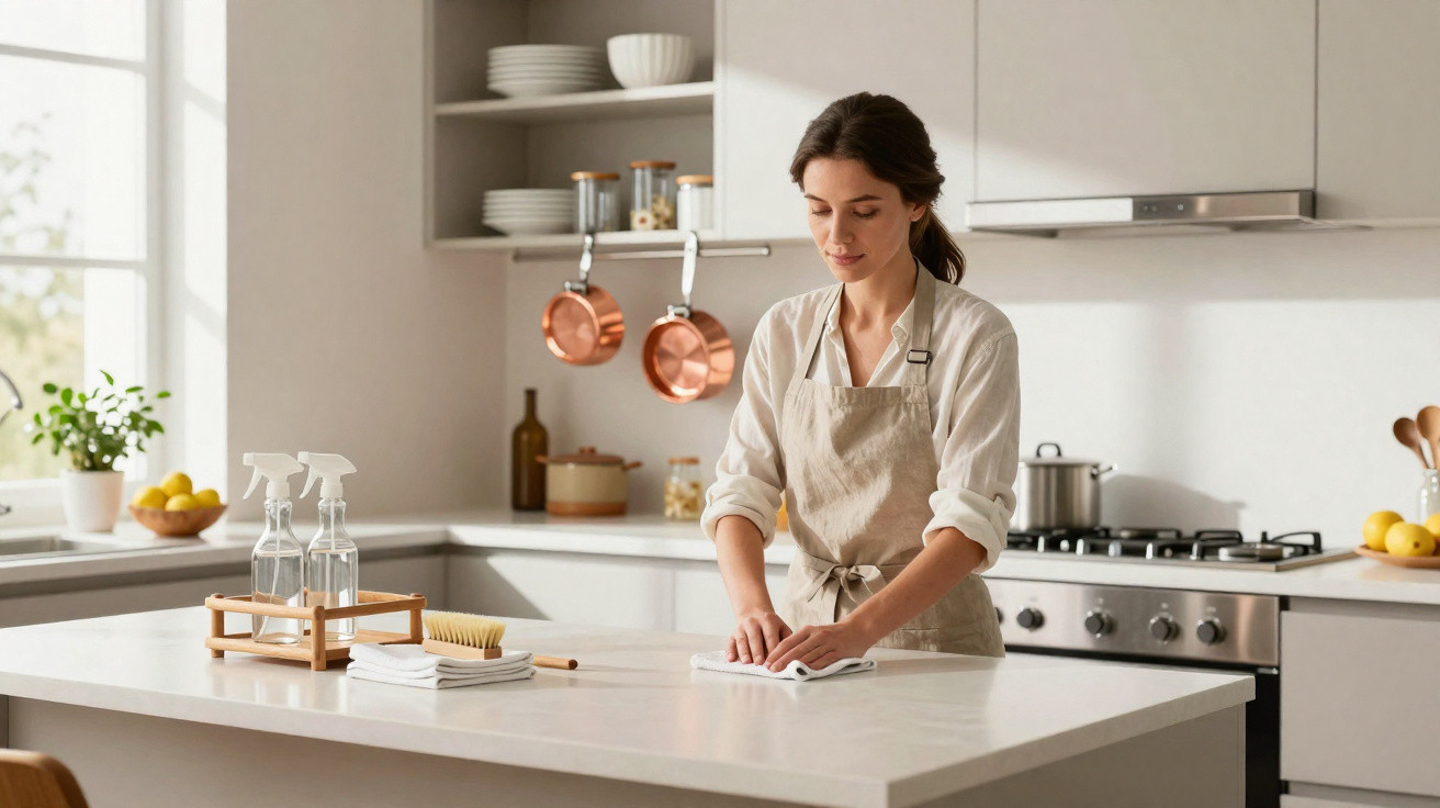 Mulher jovem limpando a bancada branca de cozinha moderna e organizada com produtos de limpeza.