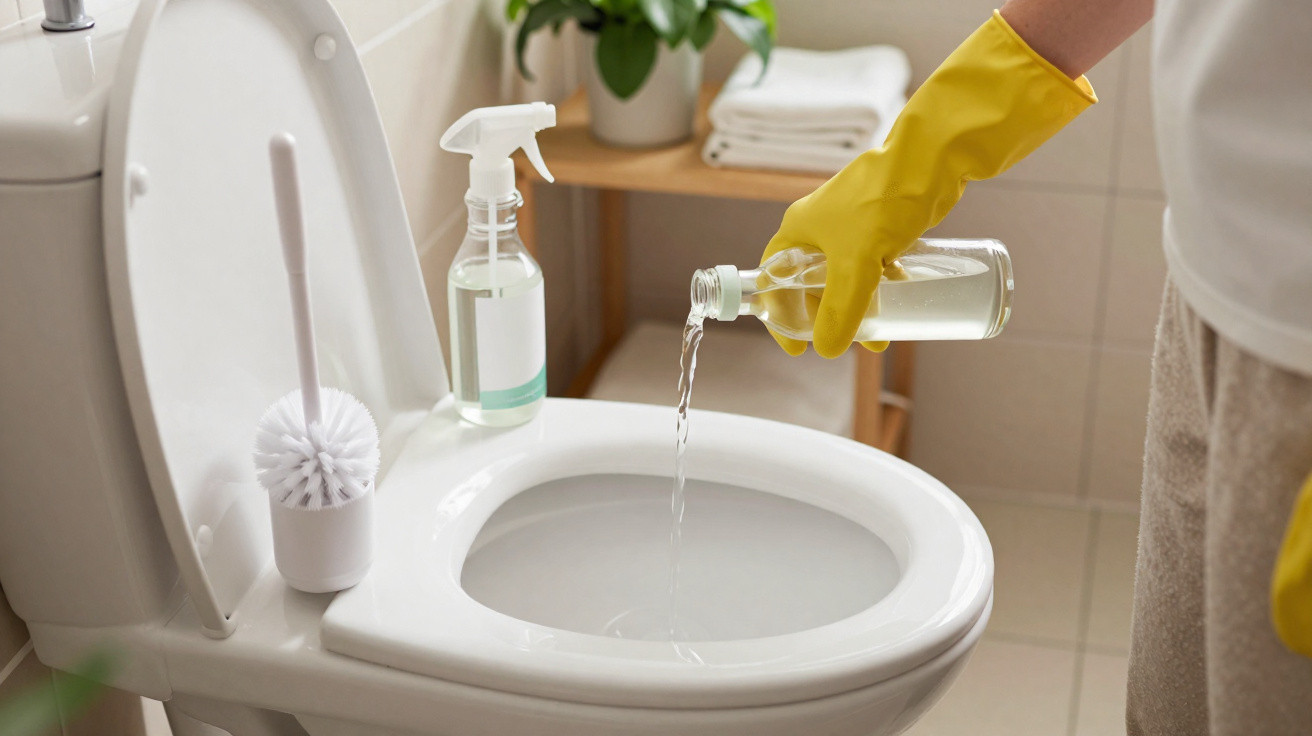 Pessoa com luva amarela despejando produto de limpeza no vaso sanitário branco, com escova e borrifador ao lado.