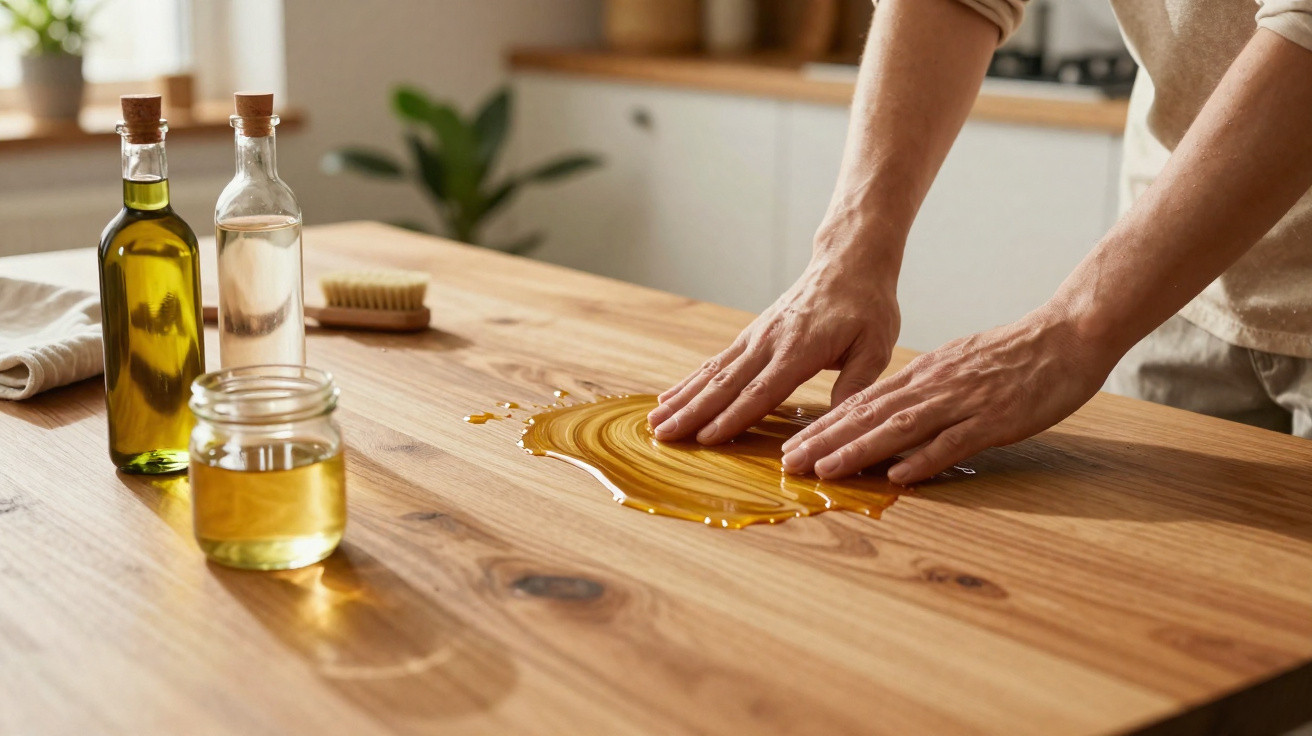 Mãos espalhando óleo sobre superfície de madeira em cozinha com frascos de azeite e vidro ao fundo.