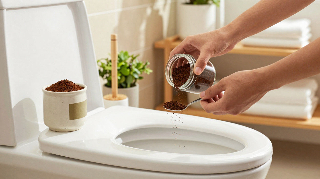 Mãos despejando pó de café no vaso sanitário com recipiente de pó ao lado em banheiro decorado.