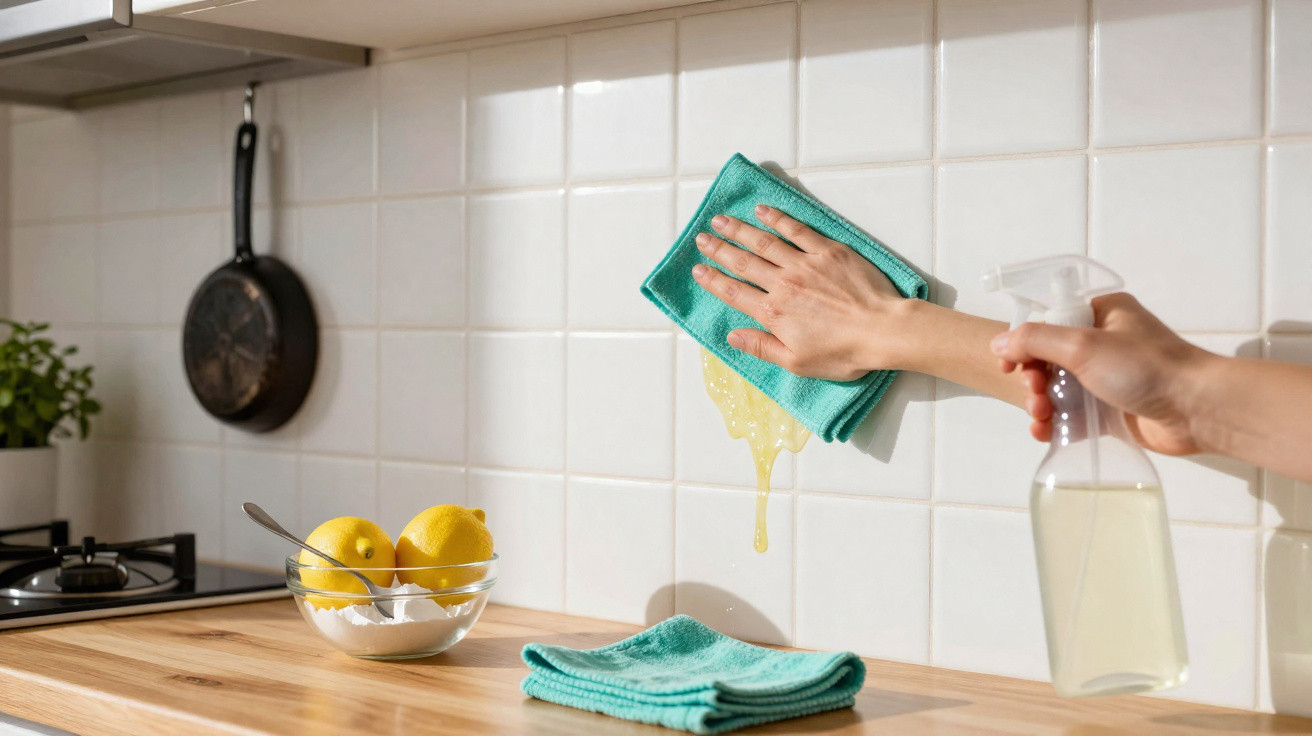 Pessoa limpando respingo de óleo da parede da cozinha com pano verde e spray de limpeza transparente.