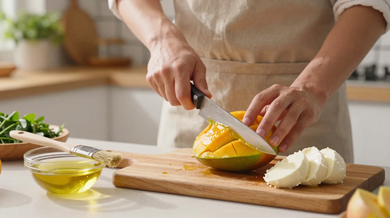 Pessoa cortando manga em cubos ao lado de fatias de queijo em tábua de madeira na cozinha.