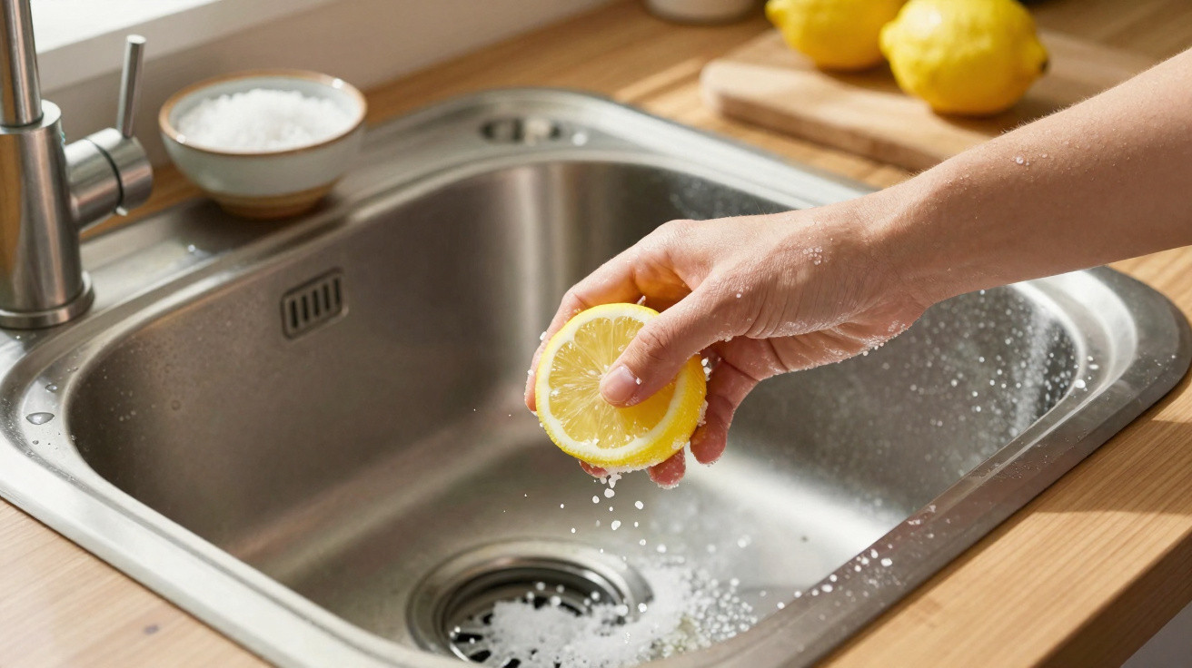 Mão espremendo limão sobre pia de aço inox em cozinha com limões e sal ao fundo.