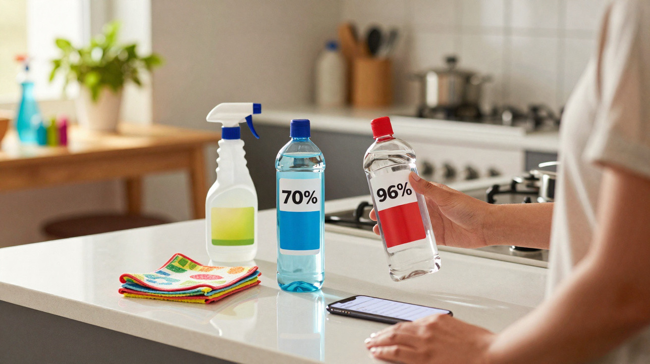 Mãos segurando álcool 96% na cozinha, ao lado de álcool 70%, spray e panos coloridos na bancada branca.