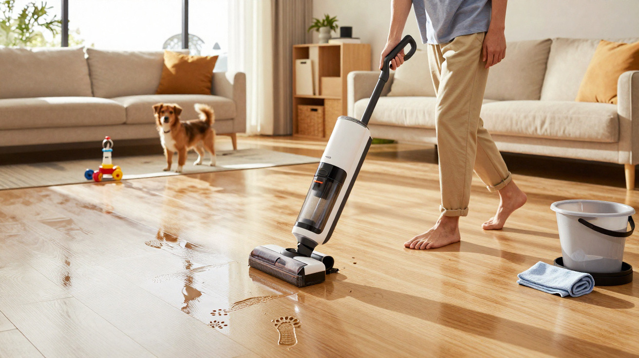 Pessoa usando aspirador para limpar pegadas molhadas de cachorro no piso da sala.