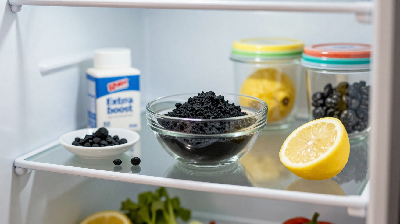 Interior de geladeira com limão cortado, pote com pó preto, frascos e suplemento em caixa.