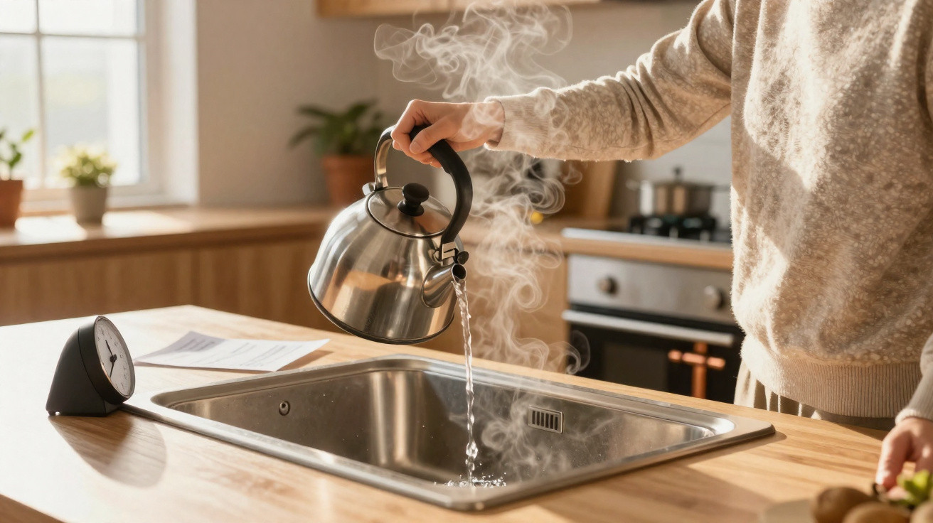 Pessoa despejando água quente em chaleira sobre pia em cozinha iluminada e moderna.