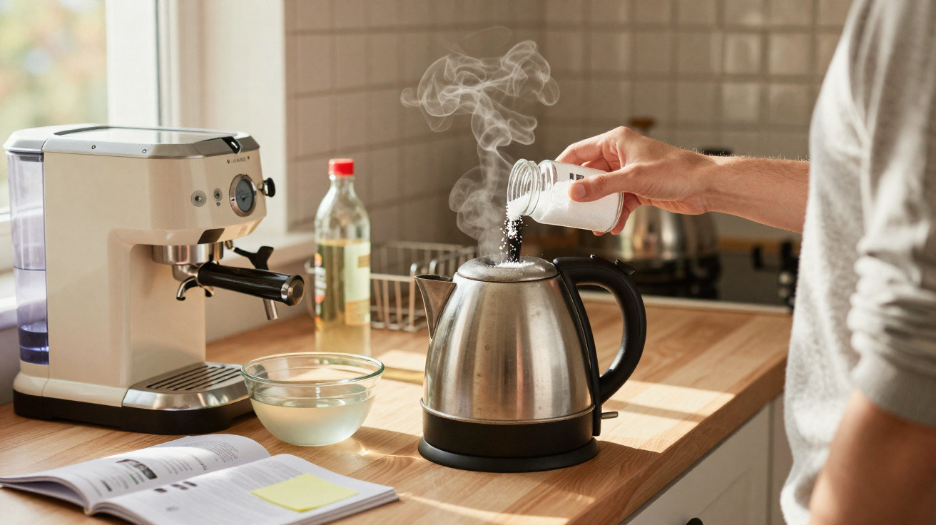 Pessoa adicionando açúcar em chaleira elétrica com vapor, ao lado de máquina de café em cozinha iluminada.