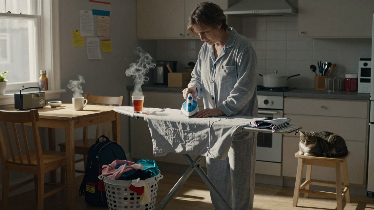 Mulher de pijama passa roupa na cozinha com gato sentado em banquinho próximo.