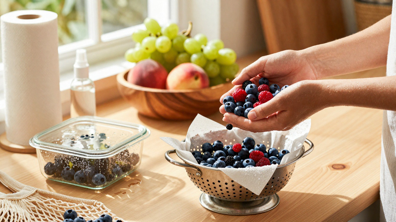 Mãos seguram frutas vermelhas sobre uma peneira com blueberries e framboesas em bancada de madeira.