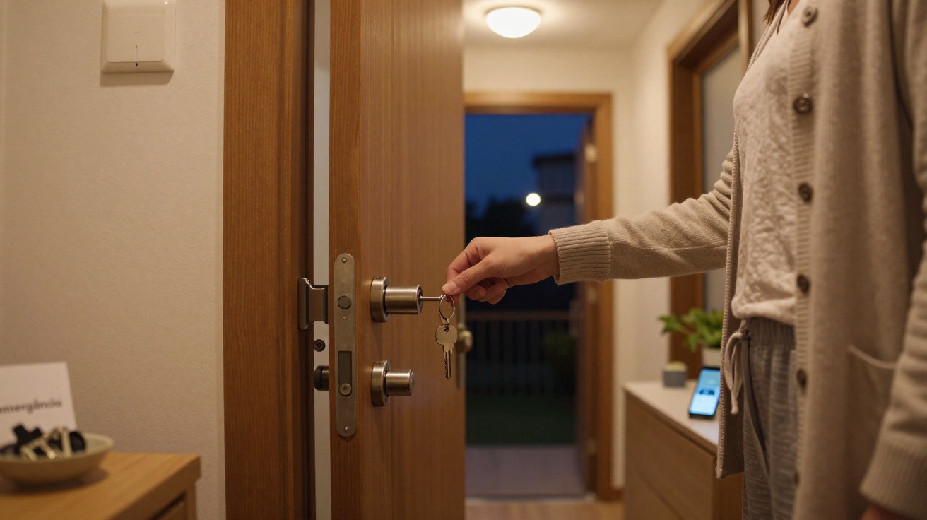 Pessoa abrindo a porta de casa com chave em ambiente interno durante a noite.