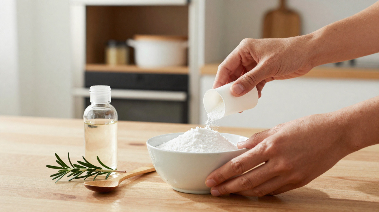 Mãos despejando pó branco em uma tigela com óleo em frasco e ramo de erva sobre mesa de madeira na cozinha.