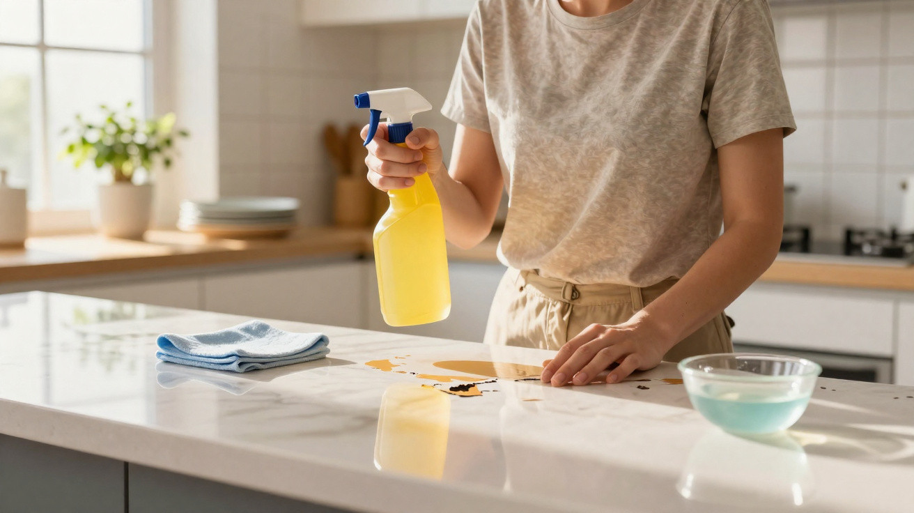 Pessoa limpando a bancada da cozinha com borrifador amarelo e pano azul.