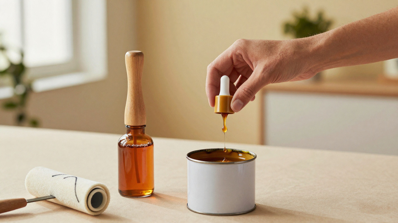Mão pingando óleo de uma pipeta em recipiente, ao lado de frasco âmbar e rolo de pintura.