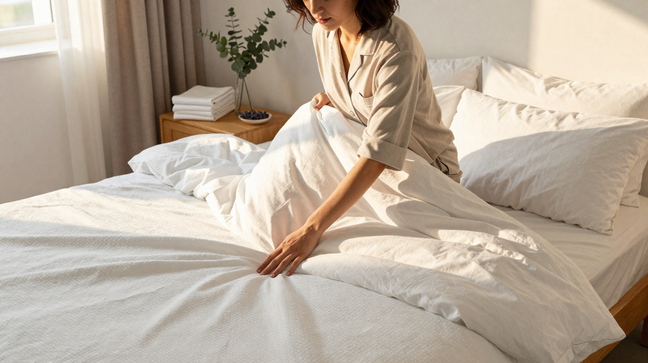 Mulher vestindo pijama arrumando a cama com lençol branco no quarto iluminado pelo sol.