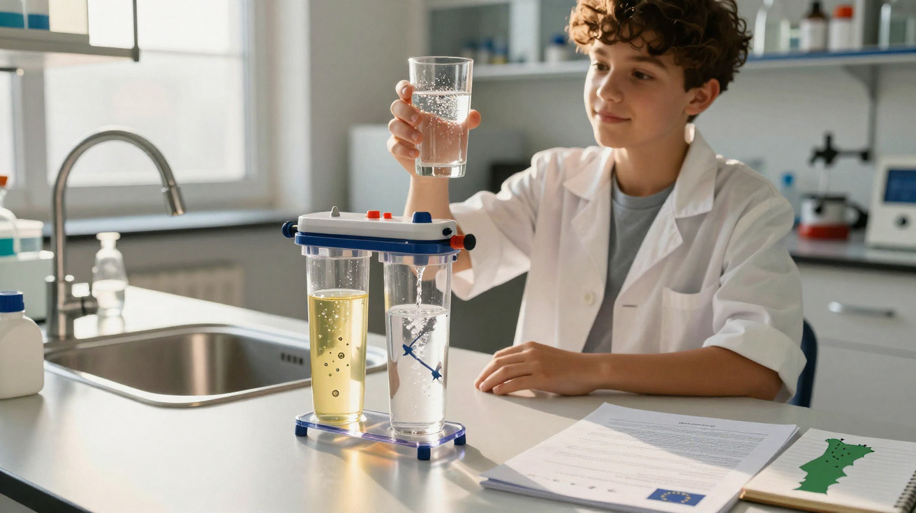 Menino em laboratório segurando copo com água, experimento com líquidos em béqueres na bancada.
