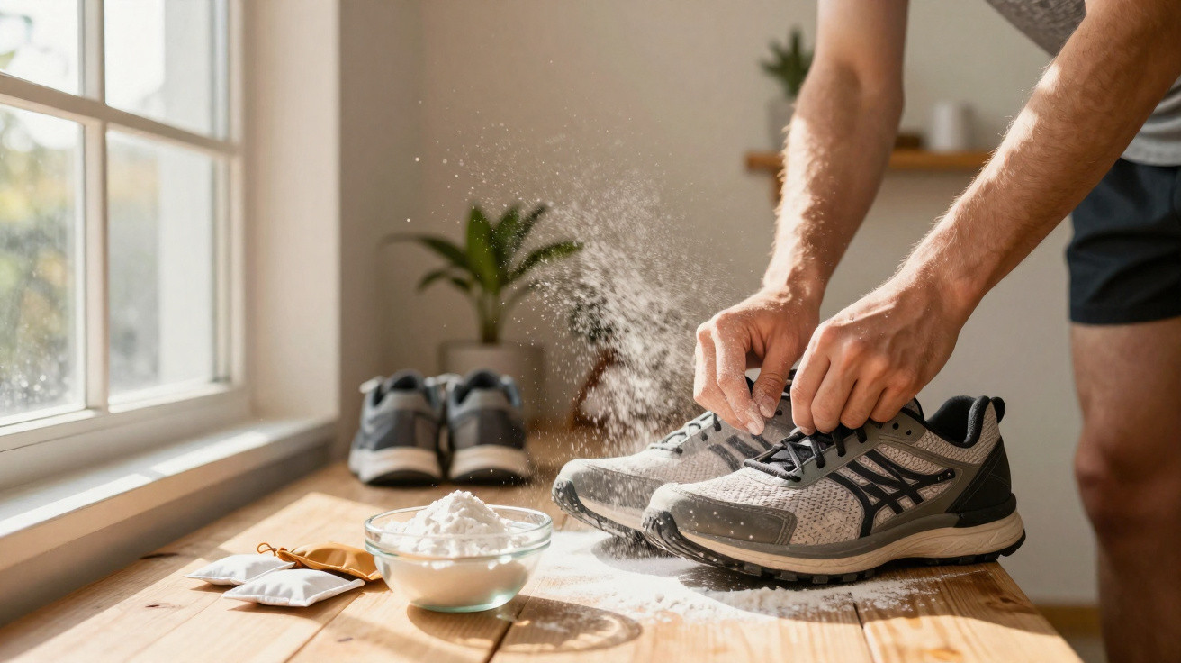 Pessoa aplicando bicarbonato de sódio em tênis cinza para limpá-los sobre mesa de madeira.
