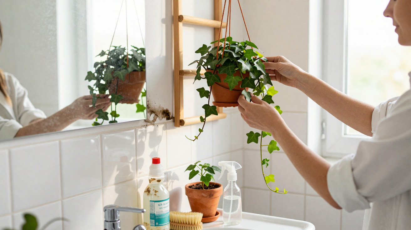 Pessoa cuidando de planta em vaso pendurado no banheiro branco com janela e espelho.