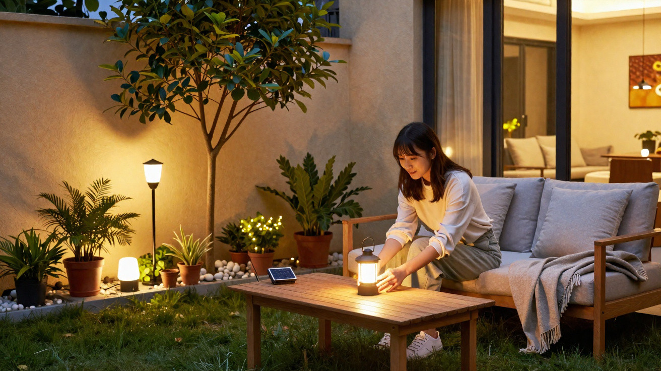 Mulher ajusta luminária de mesa em jardim iluminado à noite, com sofá e plantas ao redor.