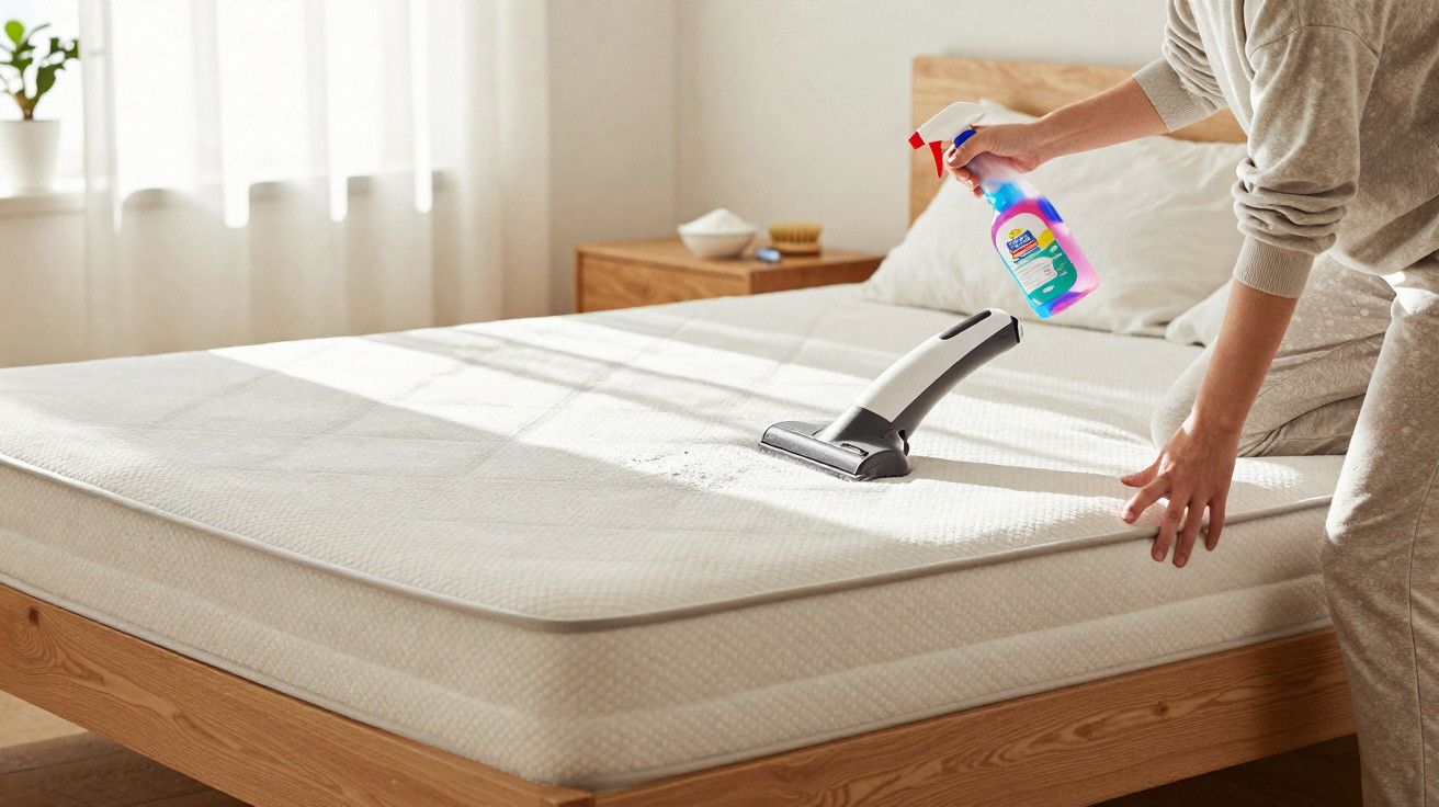 Pessoa limpando colchão branco com aspirador e spray em quarto iluminado por luz natural.