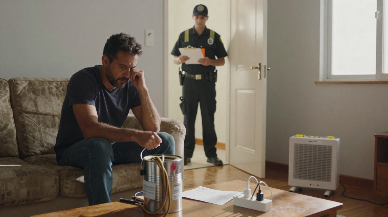 Homem sentado preocupado com um objeto suspeito na sala, enquanto policial observa ao fundo.