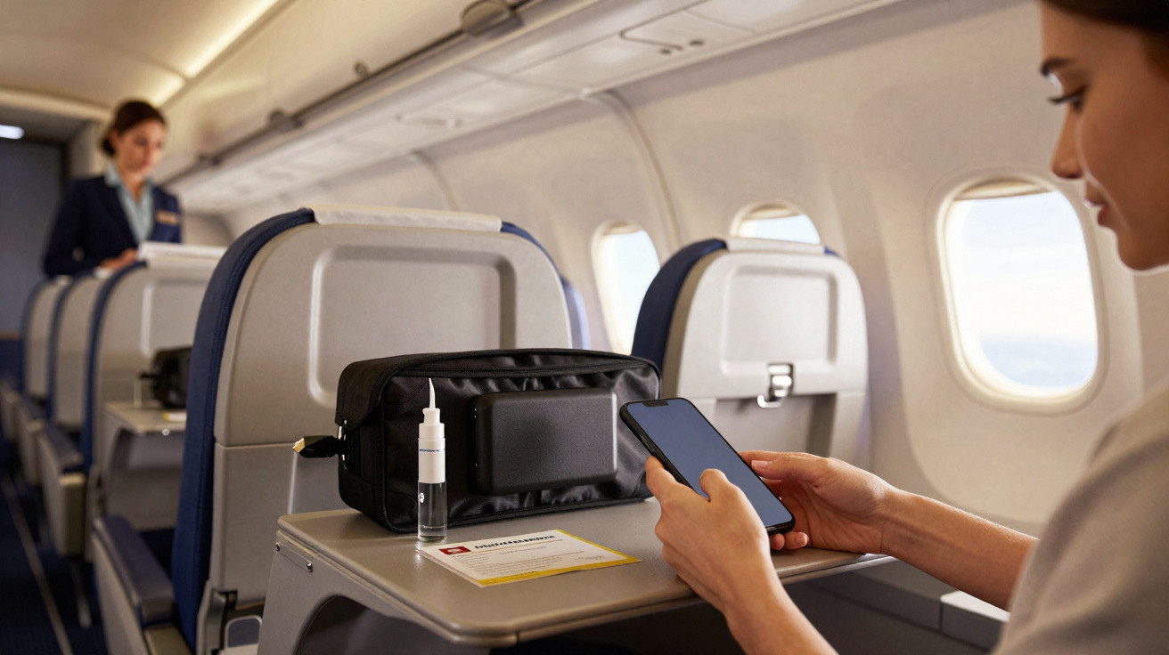Pessoa usando celular em poltrona de avião com necessaire e comissária ao fundo.