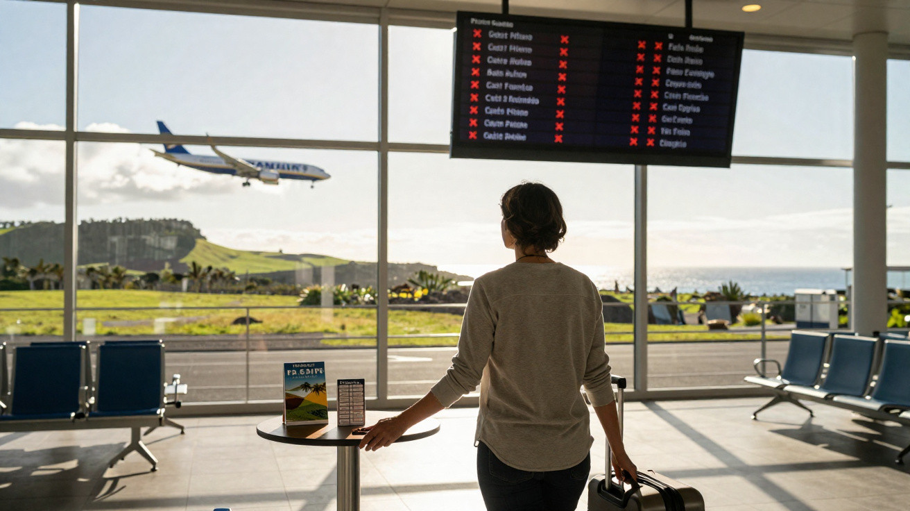 Pessoa olhando avião pousar em aeroporto com painel de voos ao fundo e mala na mão.