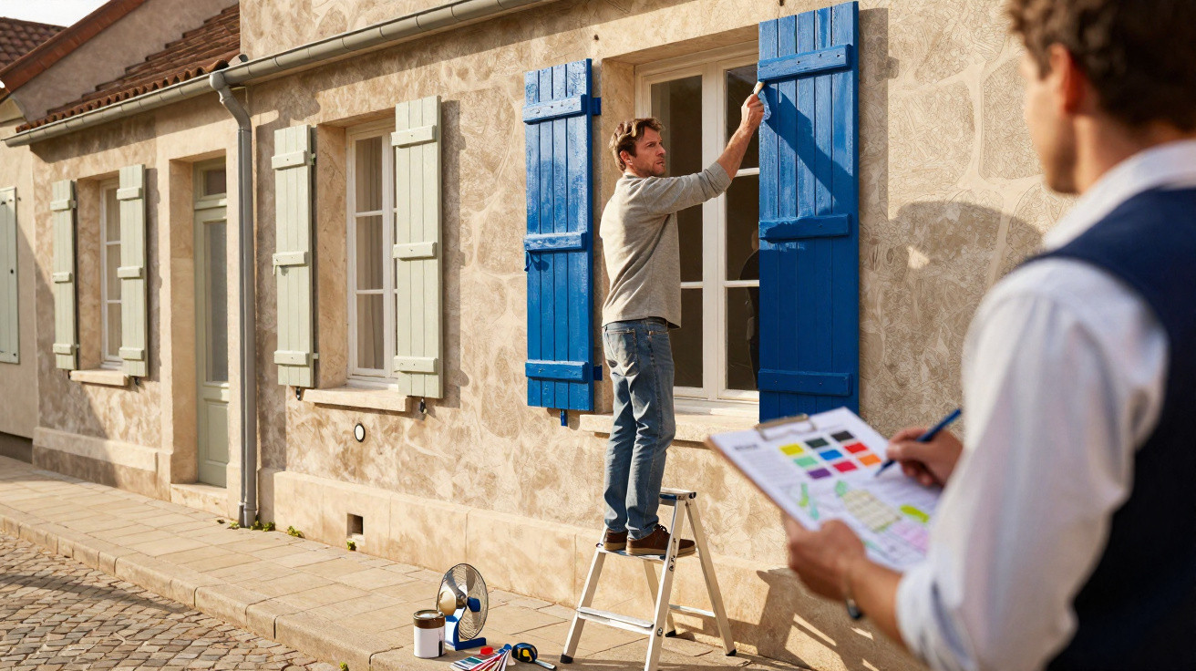 Homem pintando persiana azul de janela enquanto outro avalia cores com paleta à direita da imagem.