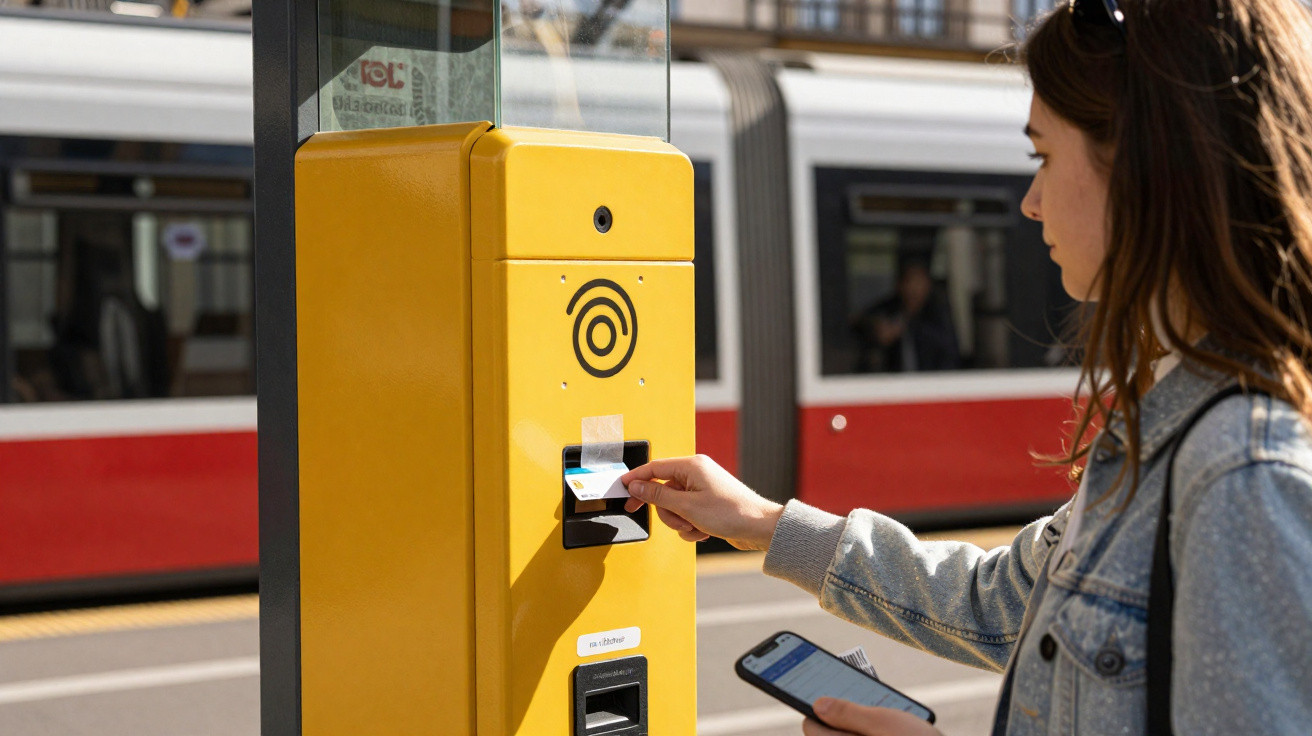 Mulher usando cartão em máquina amarela para acesso próximo a plataforma onde trem está parado.