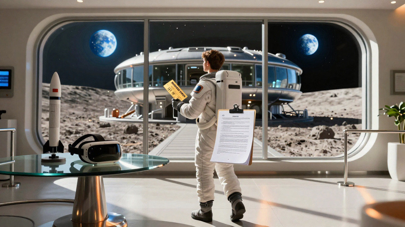 Astronauta em módulo lunar futurístico observando base espacial na superfície da lua.