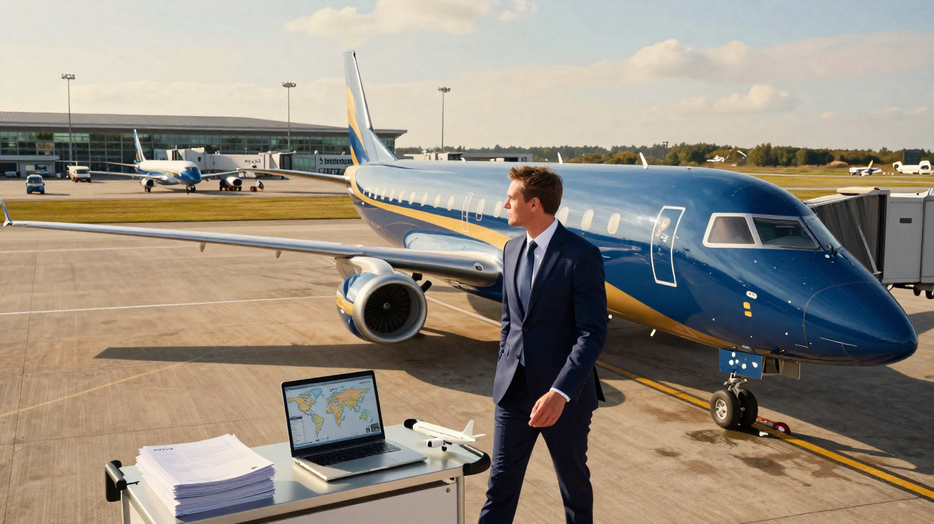 Homem de terno caminha próximo a jato privado no aeroporto com laptop e documentos em carrinho.