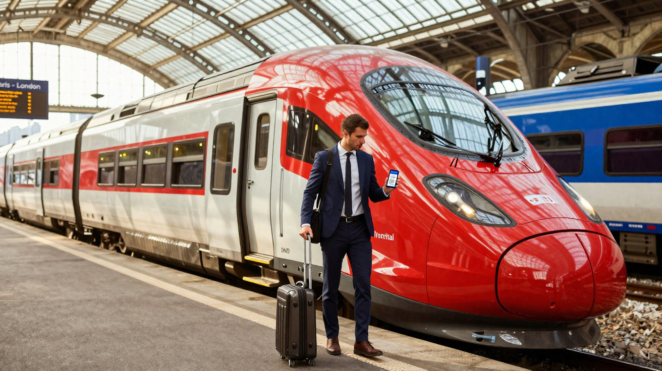 Homem de terno com mala conferindo celular próximo a trem de alta velocidade vermelho em estação moderna.