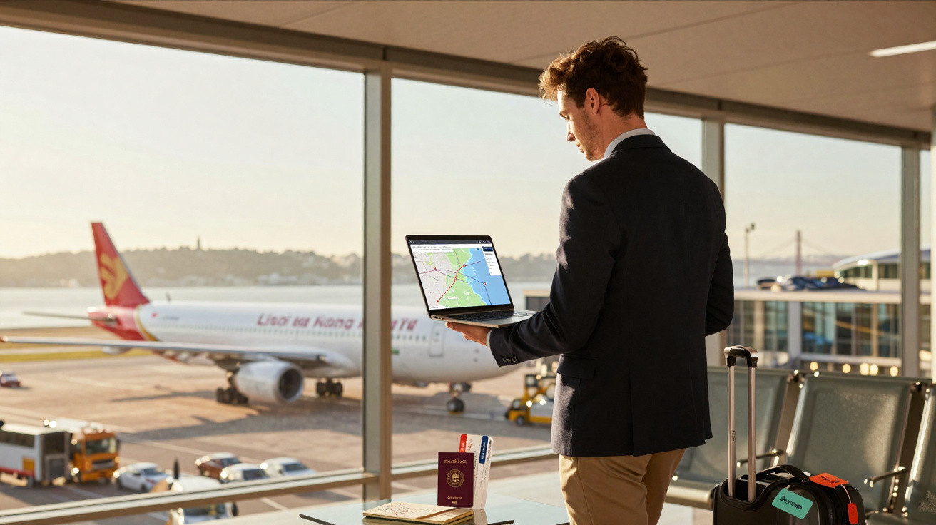 Homem de terno usando notebook em aeroporto com avião e malas ao fundo em área de embarque.