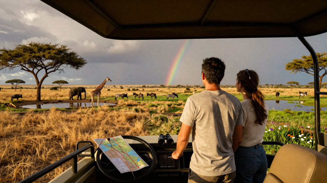 Casal em safári observa girafa, elefante e zebra próximos a lagoa com arco-íris ao fundo.