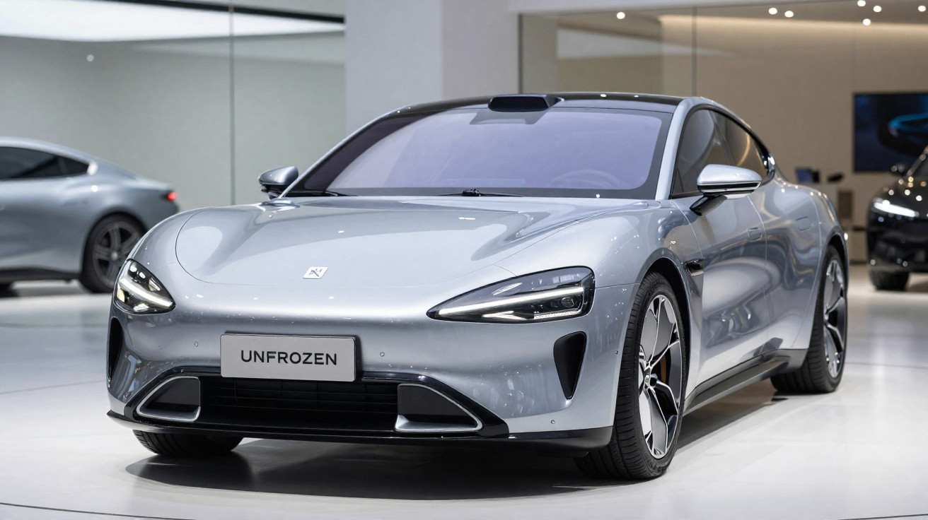 Carro esportivo elétrico prateado em exposição, modelo UNFROZEN, com design aerodinâmico e moderno.