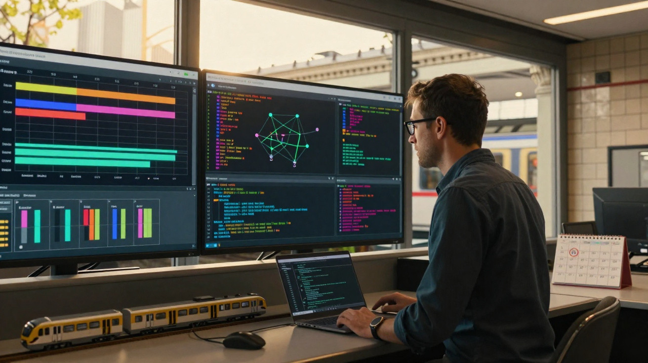 Homem trabalhando com programação e análise de dados em dois monitores e laptop em escritório moderno.