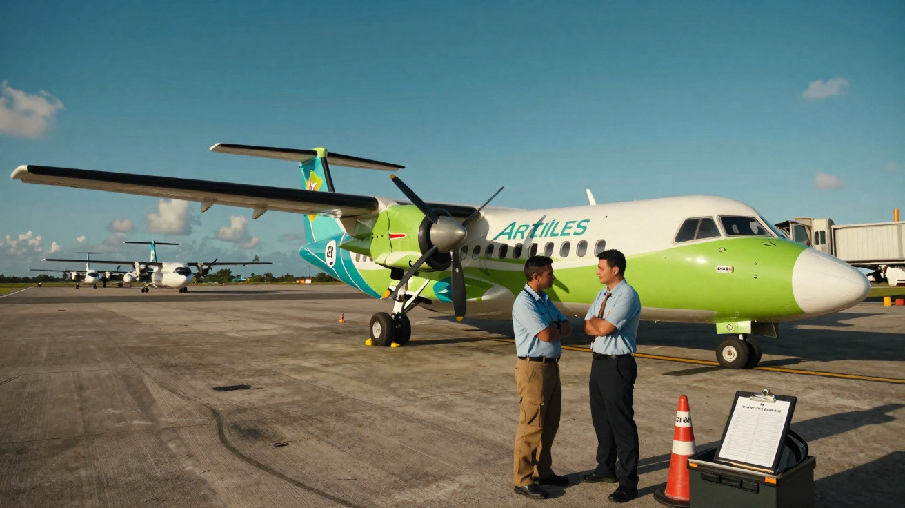Dois homens conversam em frente a avião verde e branco da companhia aérea Artilés no pátio do aeroporto.