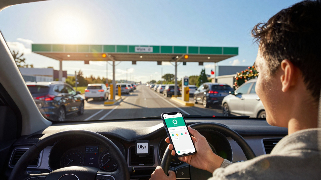 Motorista consulta app de pedágio no celular enquanto carro está parado em praça de pedágio movimentada.