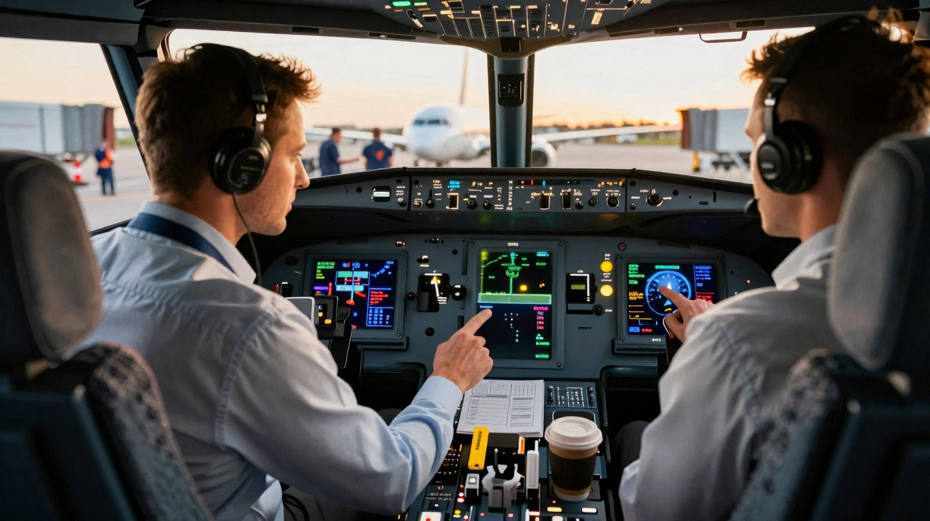 Dois pilotos usando fones de ouvido operam os instrumentos dentro da cabine de comando de um avião.
