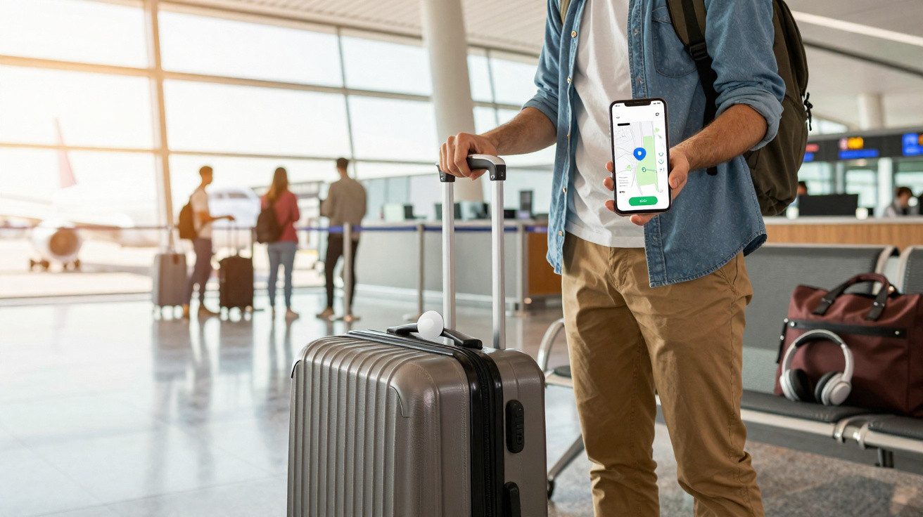 Homem em aeroporto segurando mala e mostrando mapa de localização no celular.