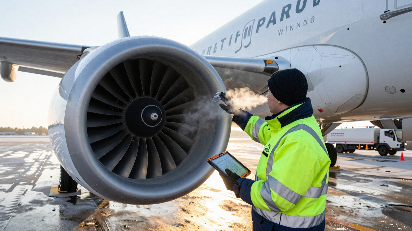 Técnico inspecionando motor de avião com tablet em dia frio no pátio do aeroporto.