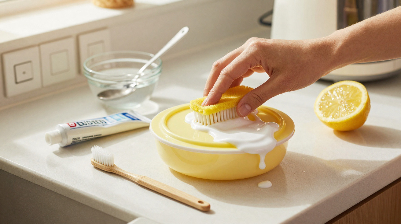 Mão segurando esponja e limpando pote amarelo com creme branco na bancada ao lado de escova e limão cortado.