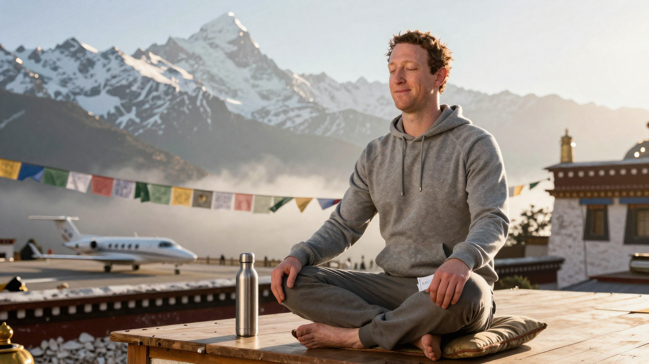 Homem meditando sentado no chão com montanhas nevadas ao fundo e avião estacionado ao lado.