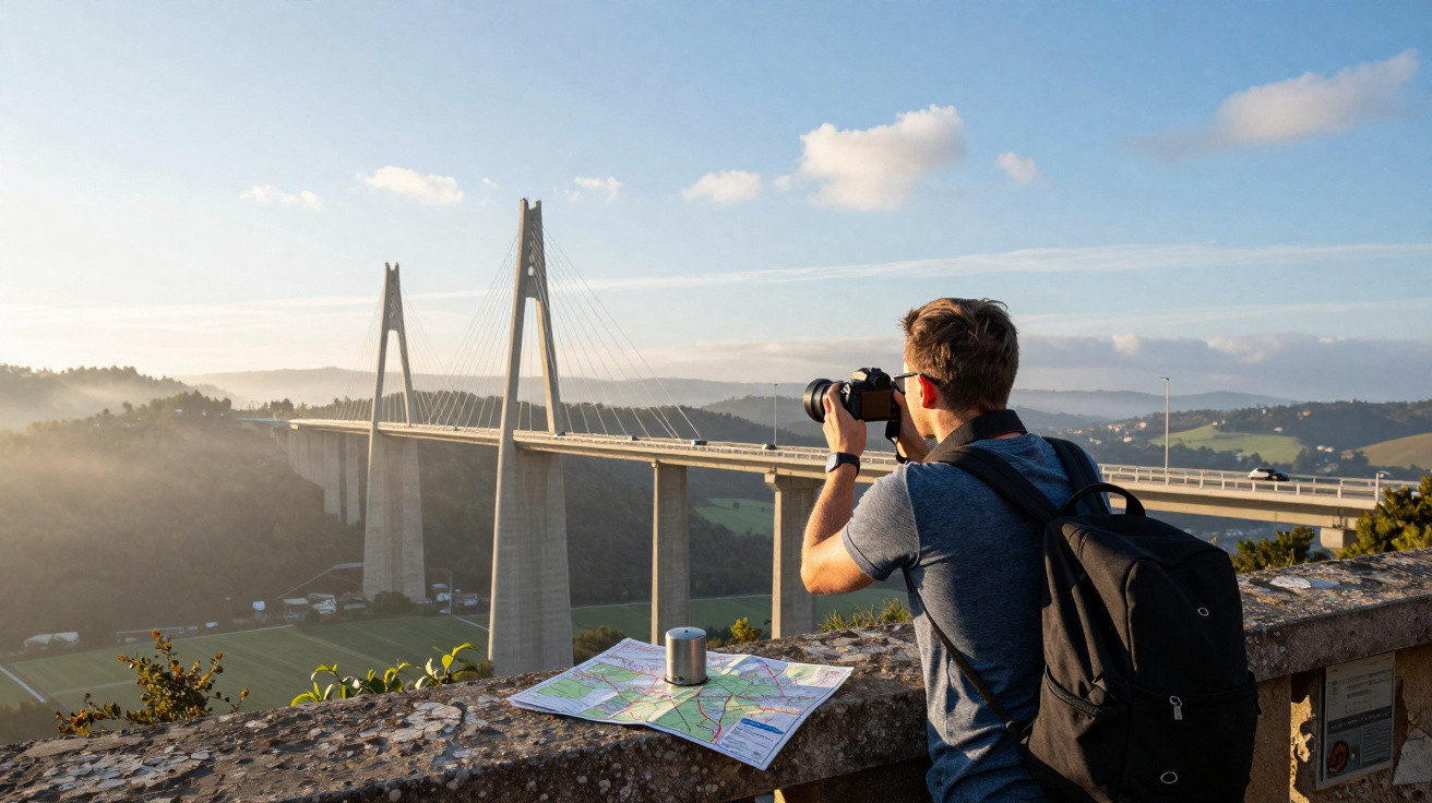 Pessoa com mochila fotografando ponte alta de concreto ao pôr do sol em área rural.