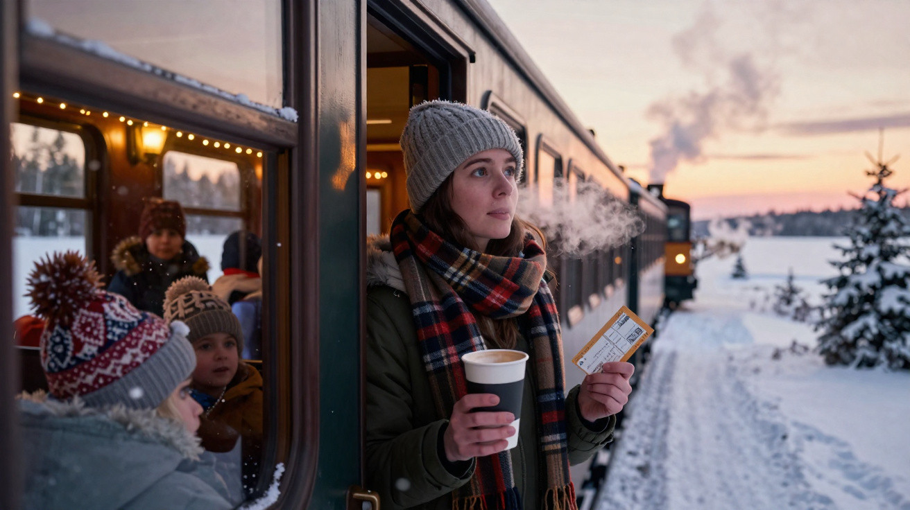 Mulher com touca e cachecol segura bilhete e café perto da porta de trem em paisagem nevada ao entardecer.